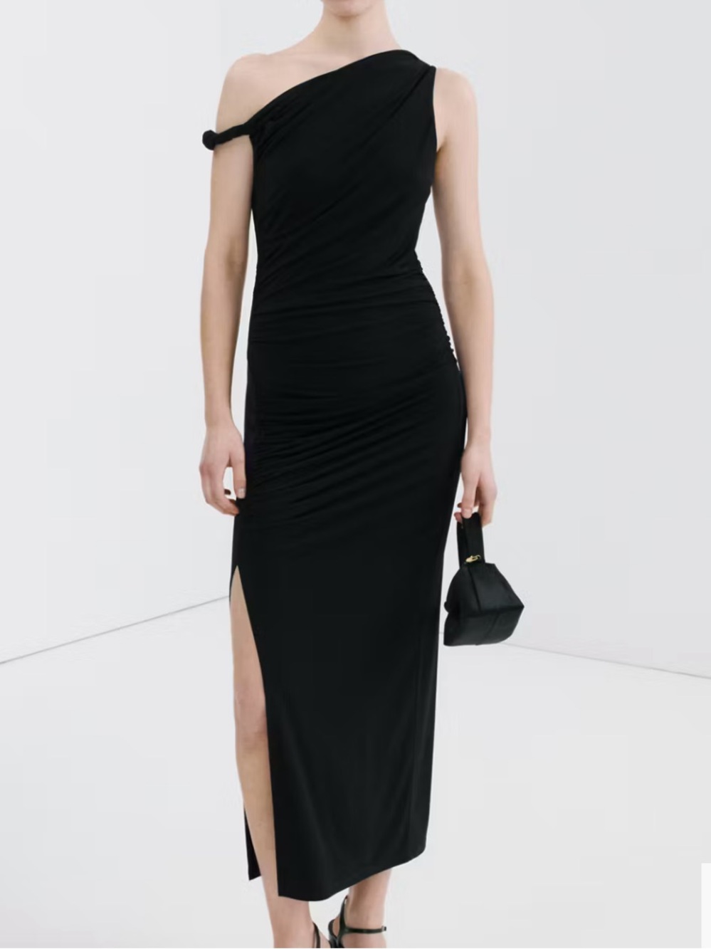 Mango Elegant Black Ruched Maxi Dress ASYMMETRICAL DRESS WITH SIDE SLIT 5844